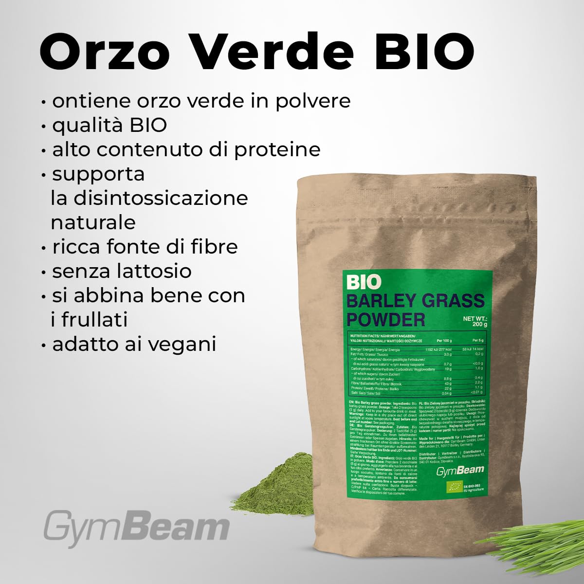 GymBeam Orzo Verde BIO Polvere 200 g Proteine e Fibre Vegano