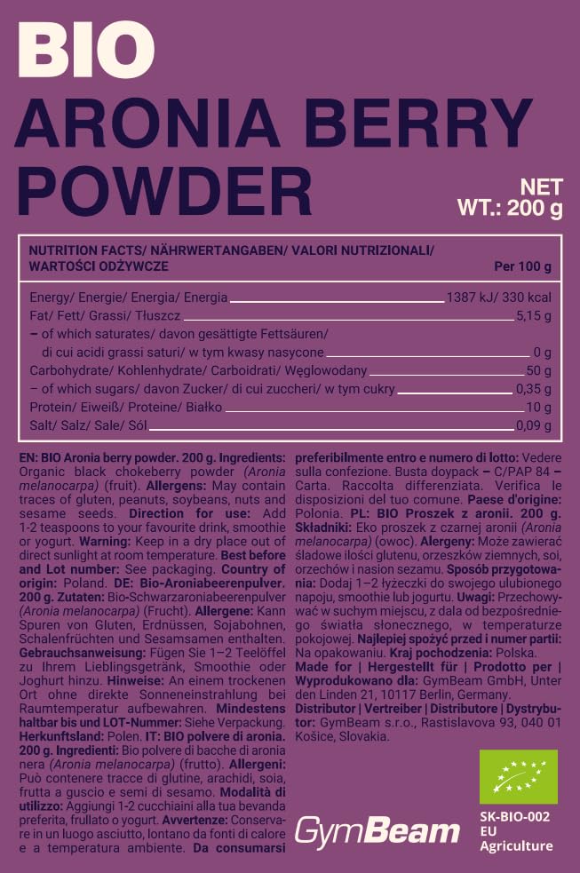 GymBeam Aronia BIO Polvere Bacche Proteine Vegetali Senza Zuccheri