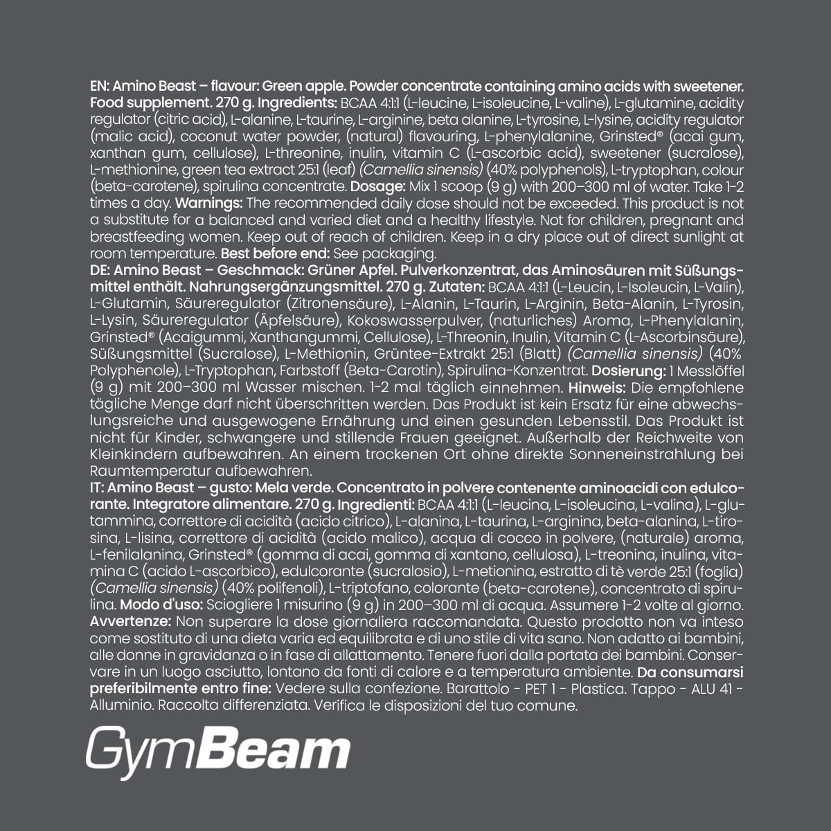 GymBeam Amino Beast aminoacidi mela verde 270 g BCAA