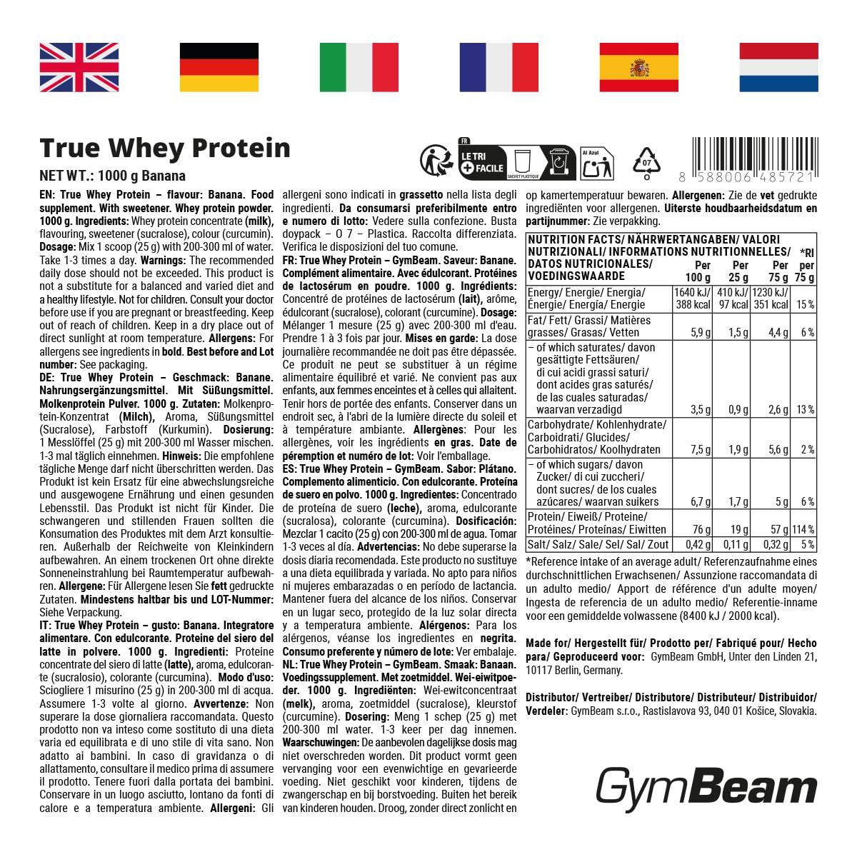 GymBeam True Whey Banana proteine whey 1000g muscoli