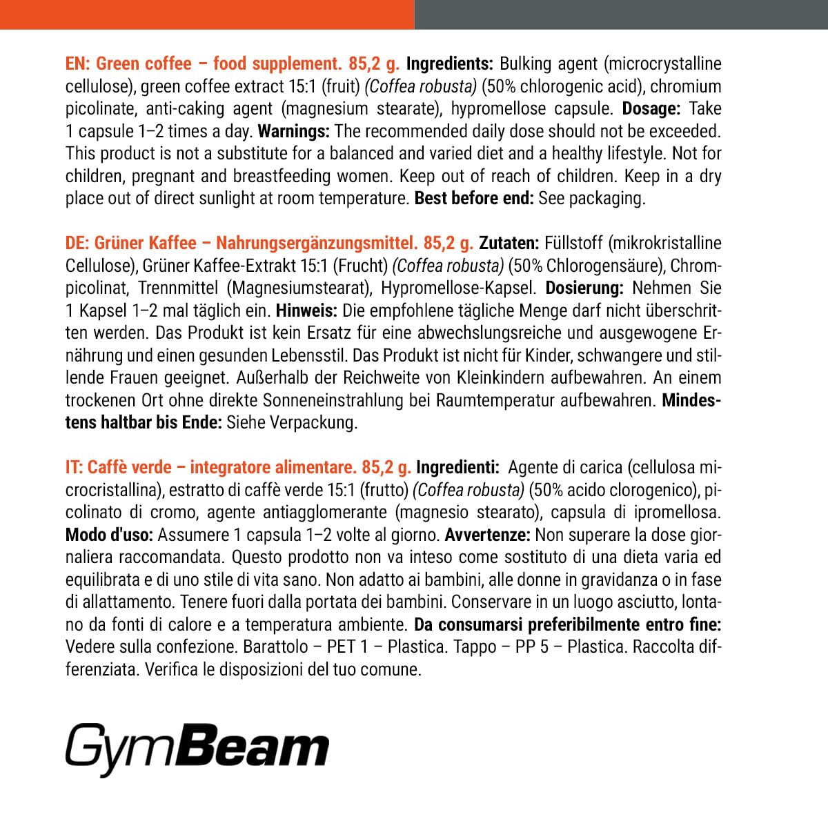 GymBeam Caffè Verde capsule 120 cps acido clorogenico