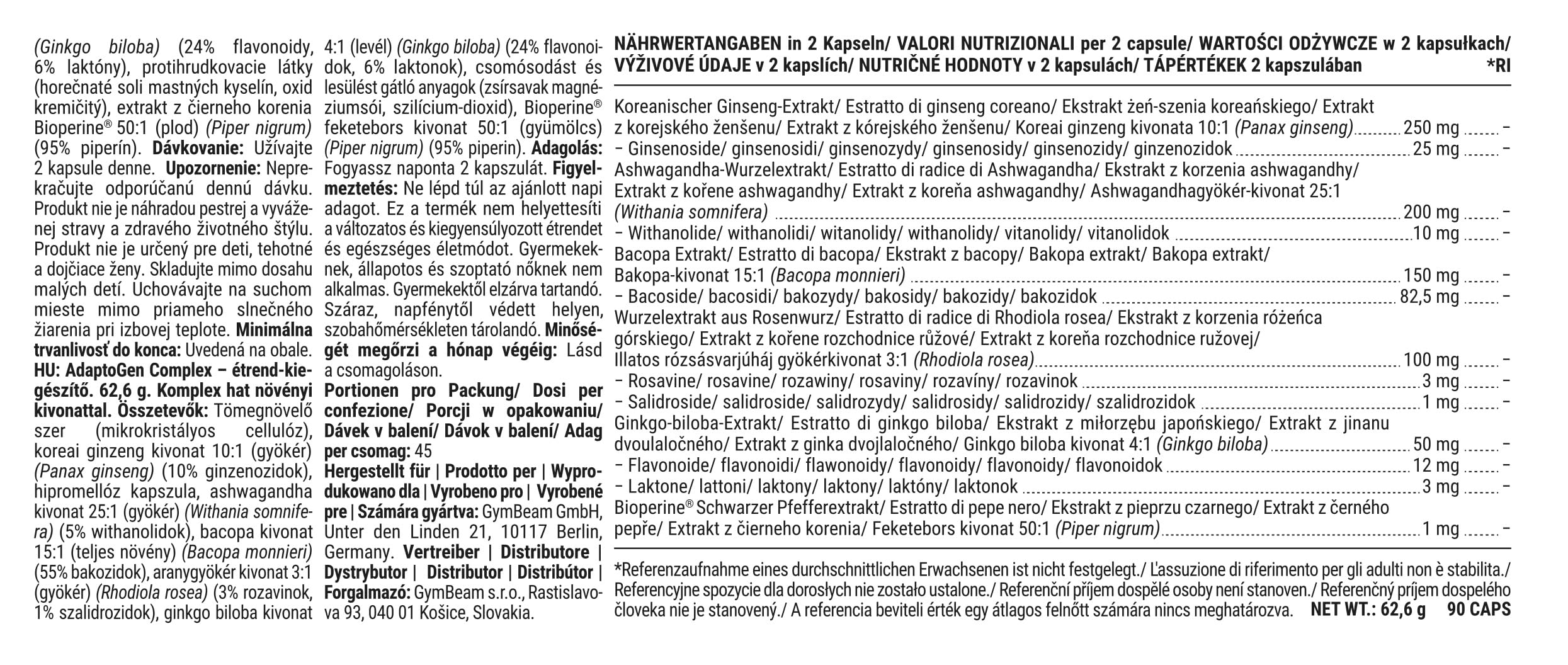 GymBeam AdaptoGen Complex Capsule Vegane 6 Estratti Ashwagandha