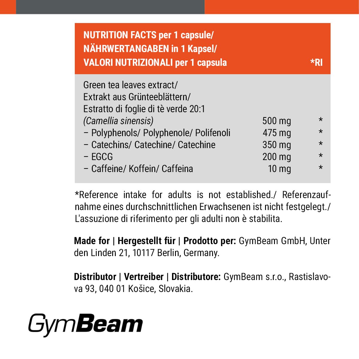 GymBeam Tè Verde 500mg 60 Capsule EGCG Metabolismo