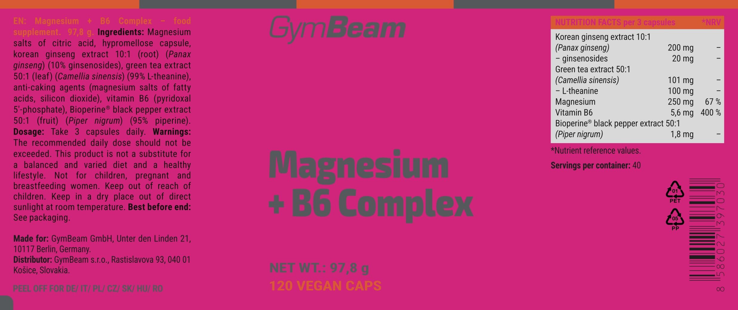 GymBeam Magnesio Citrato B6 Complex Capsule Vegane Energia