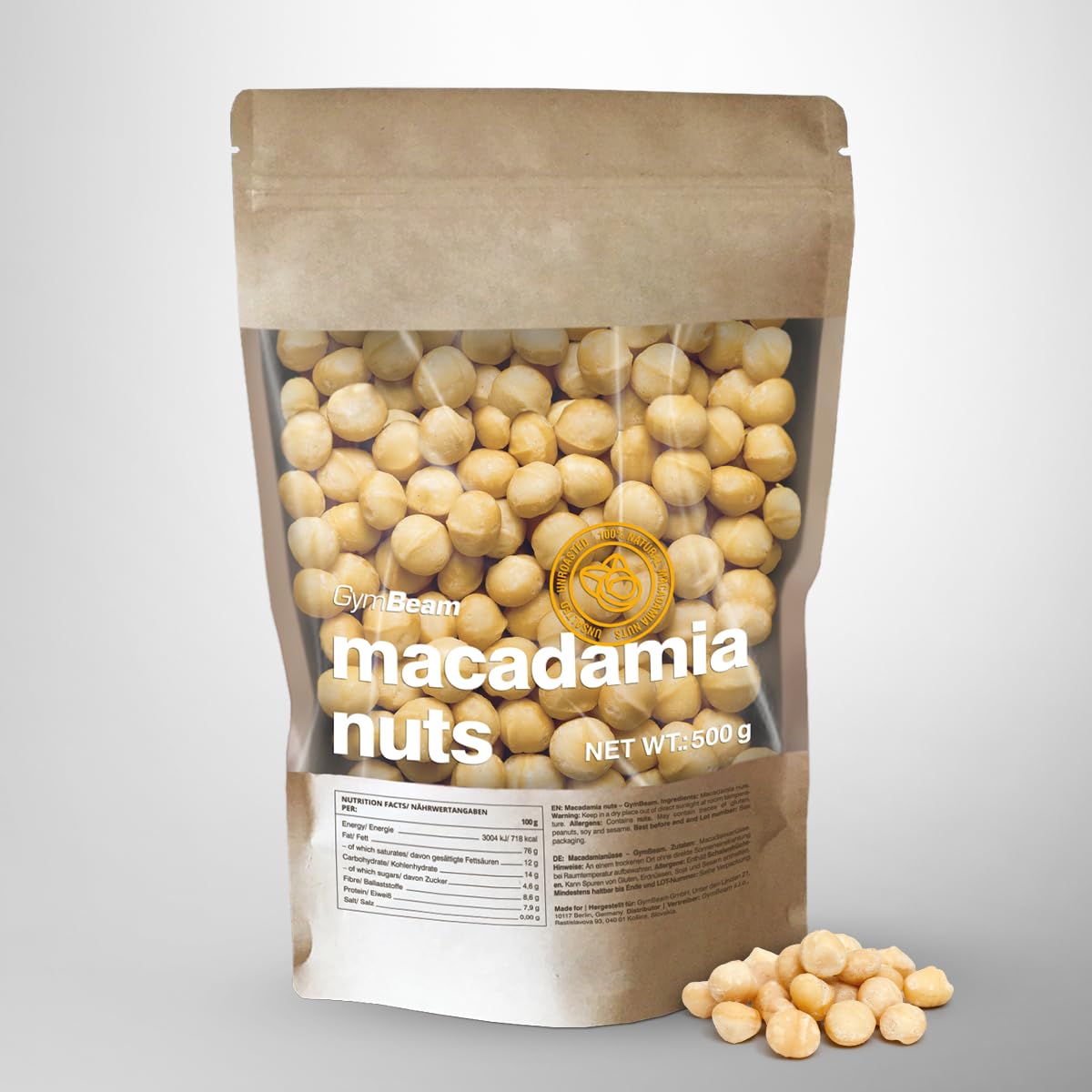 GymBeam Noci di Macadamia Intere Non Salate 500g Snack Vegano
