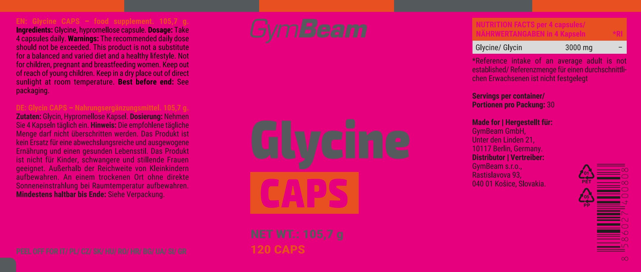 GymBeam Glicina Caps 3000 mg Capsule 120 cps Vegane Sonno