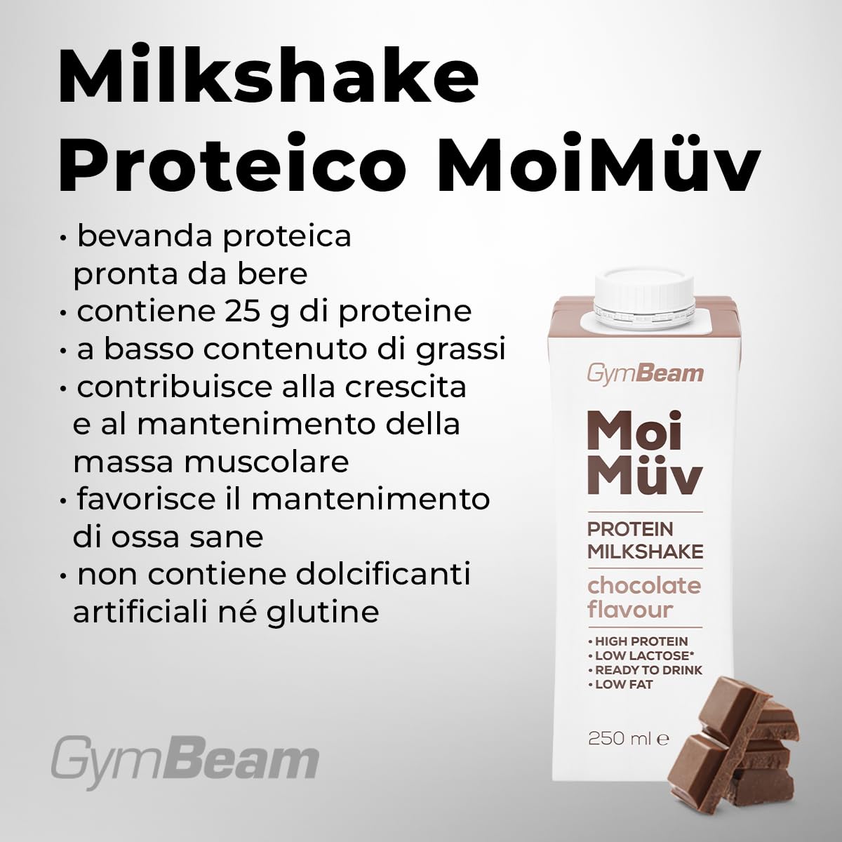 GymBeam MoiMüv milkshake proteico cioccolato 18x250 ml