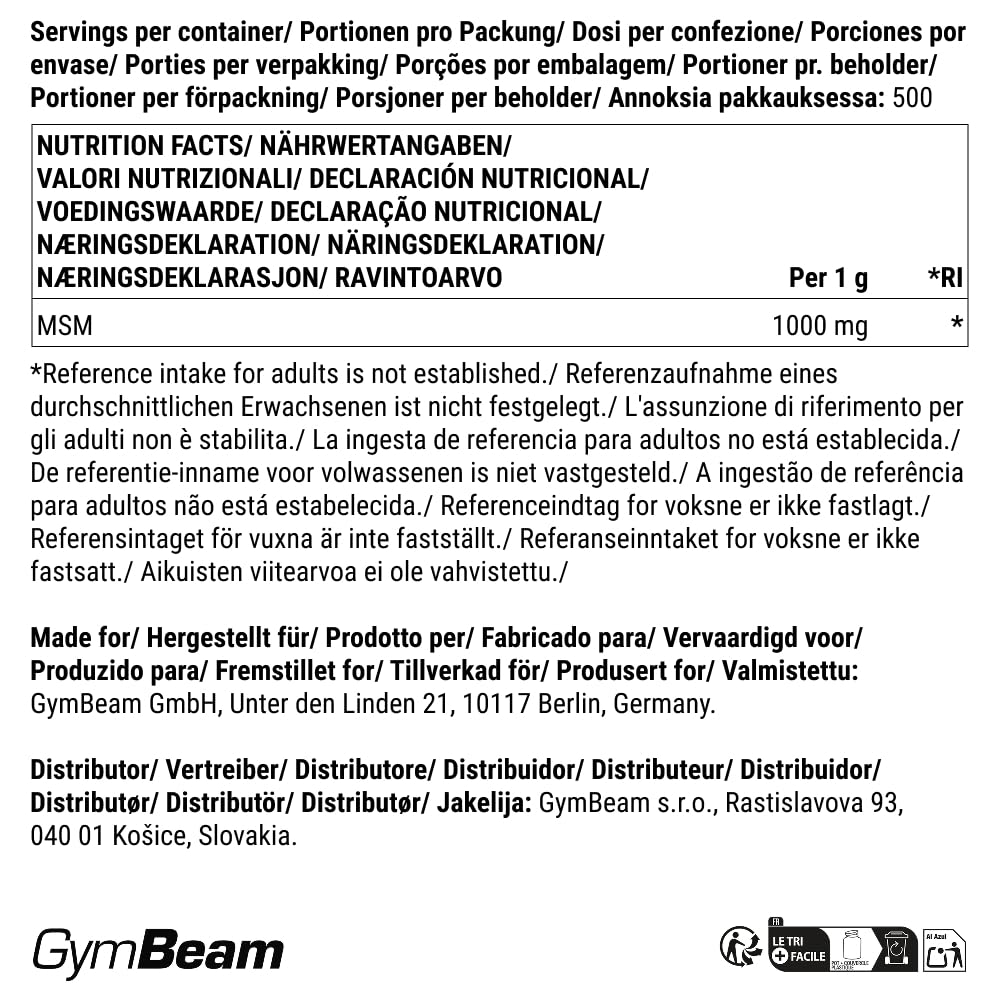 GymBeam Articolazioni MSM Integratore Polvere 500 g Vegano
