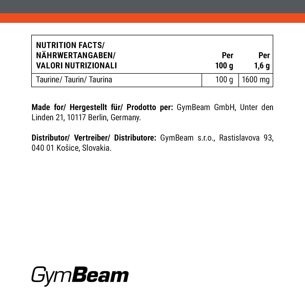 GymBeam Taurina Polvere 250 g pre-workout vegan