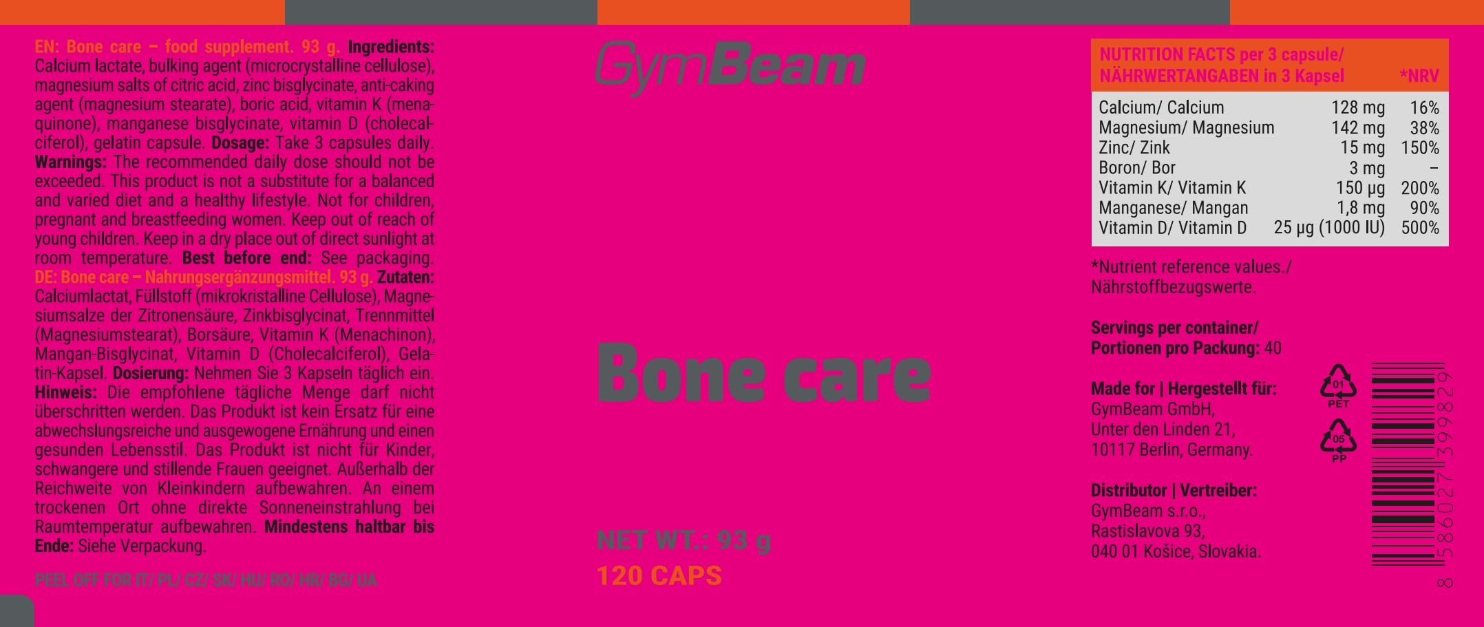 GymBeam Minerali Bone Care calcio capsule 120 cps ossa