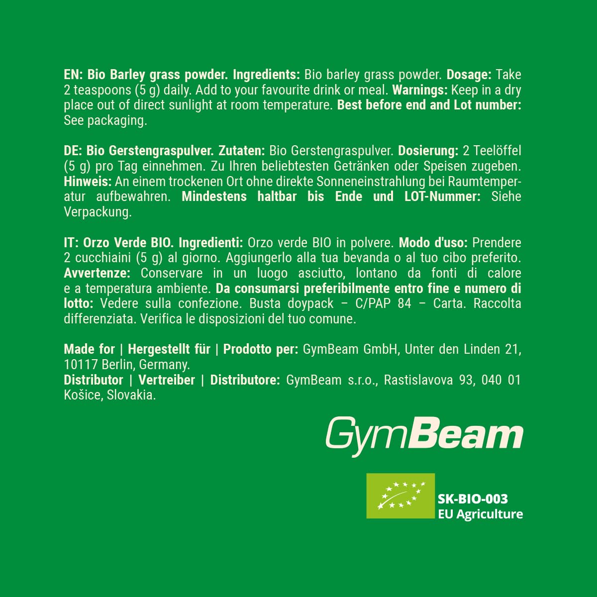 GymBeam Orzo Verde BIO Polvere 200 g Proteine e Fibre Vegano