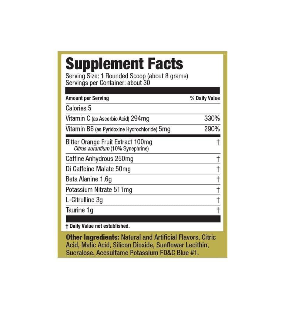 Ultimate Nutrition Pre Gold pre workout Blue Raspberry energia