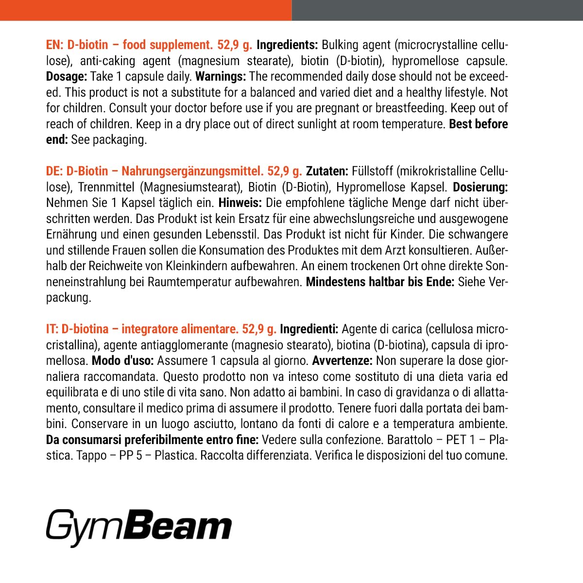 GymBeam D-Biotina 300 mcg 60 capsule integratore capelli vegano