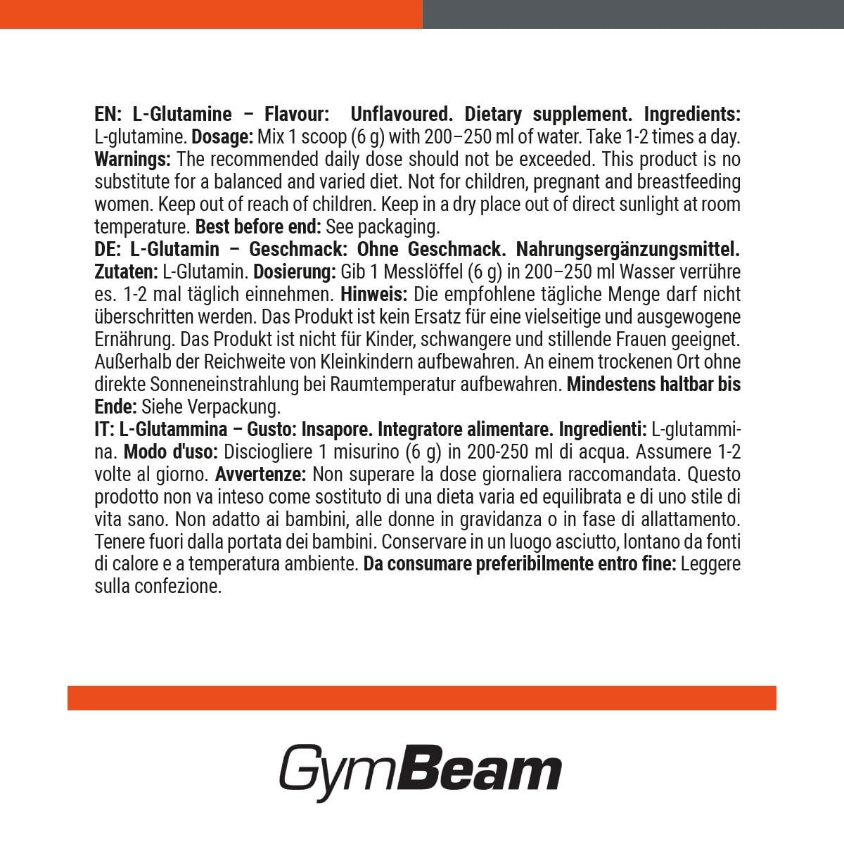 GymBeam L-Glutammina Polvere Non Aromatizzato 250 g Pura