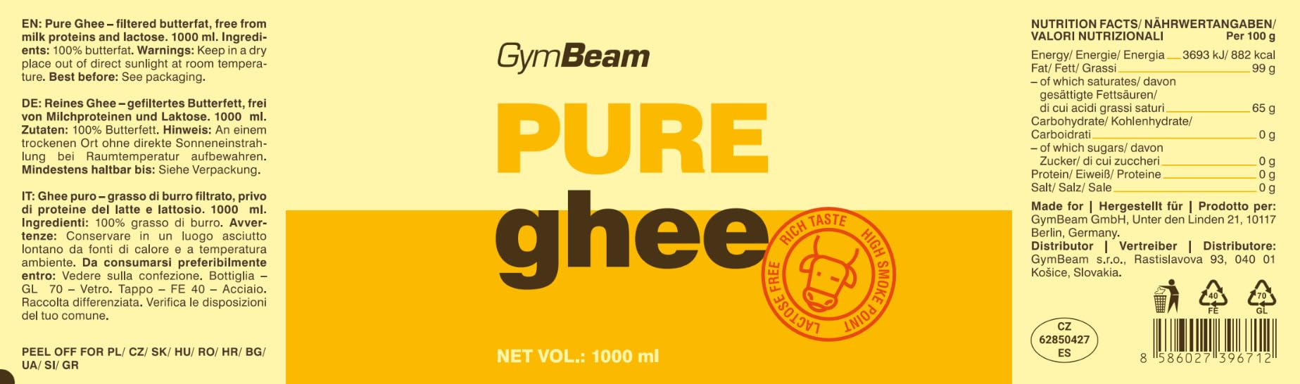 GymBeam Ghee Puro Senza Lattosio 1000 ml