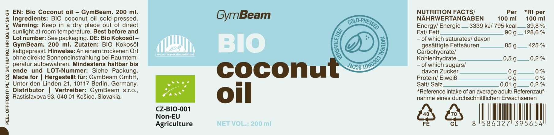 GymBeam Alimentazione Olio di Cocco Vergine Bio 200 ml