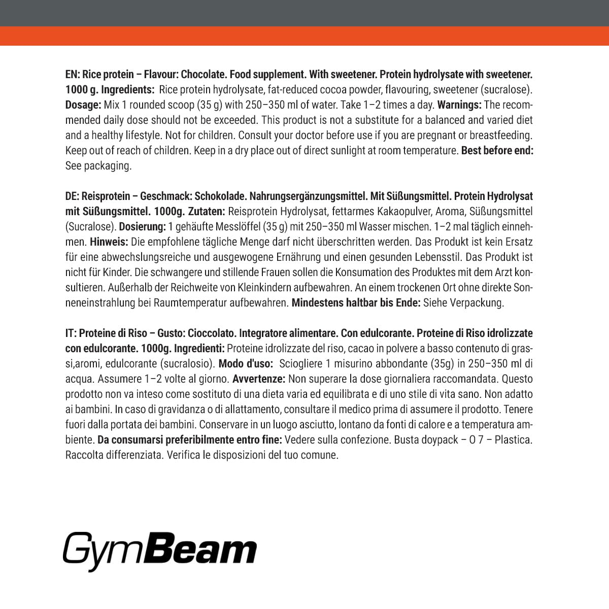 GymBeam Proteine di Riso Cioccolato 1000 g 79%