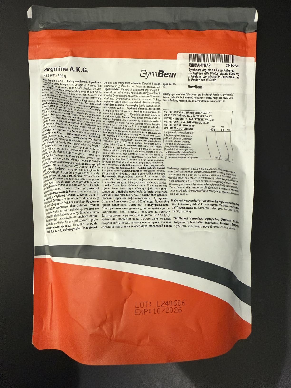 GymBeam Arginina AKG polvere 500 g neutra ossido nitrico