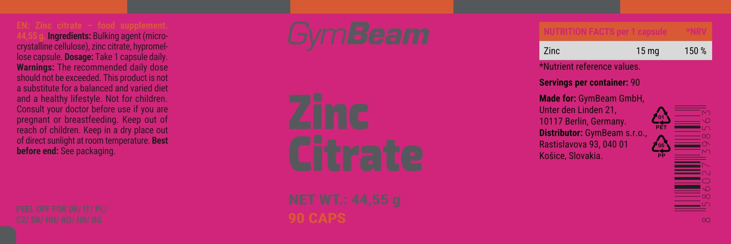 GymBeam Minerali Citrato di Zinco integratore 15 mg capsule vegane