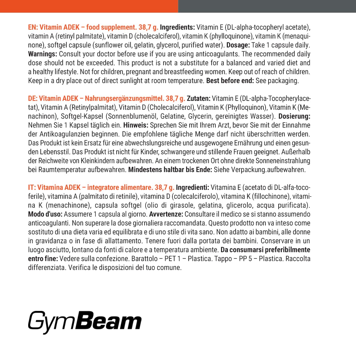 GymBeam Vitamine ADEK 90 Capsule Liposolubili A D E K