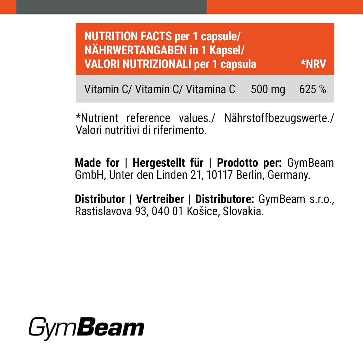 GymBeam Vitamina C 500 mg Capsule Acido Ascorbico Immunità