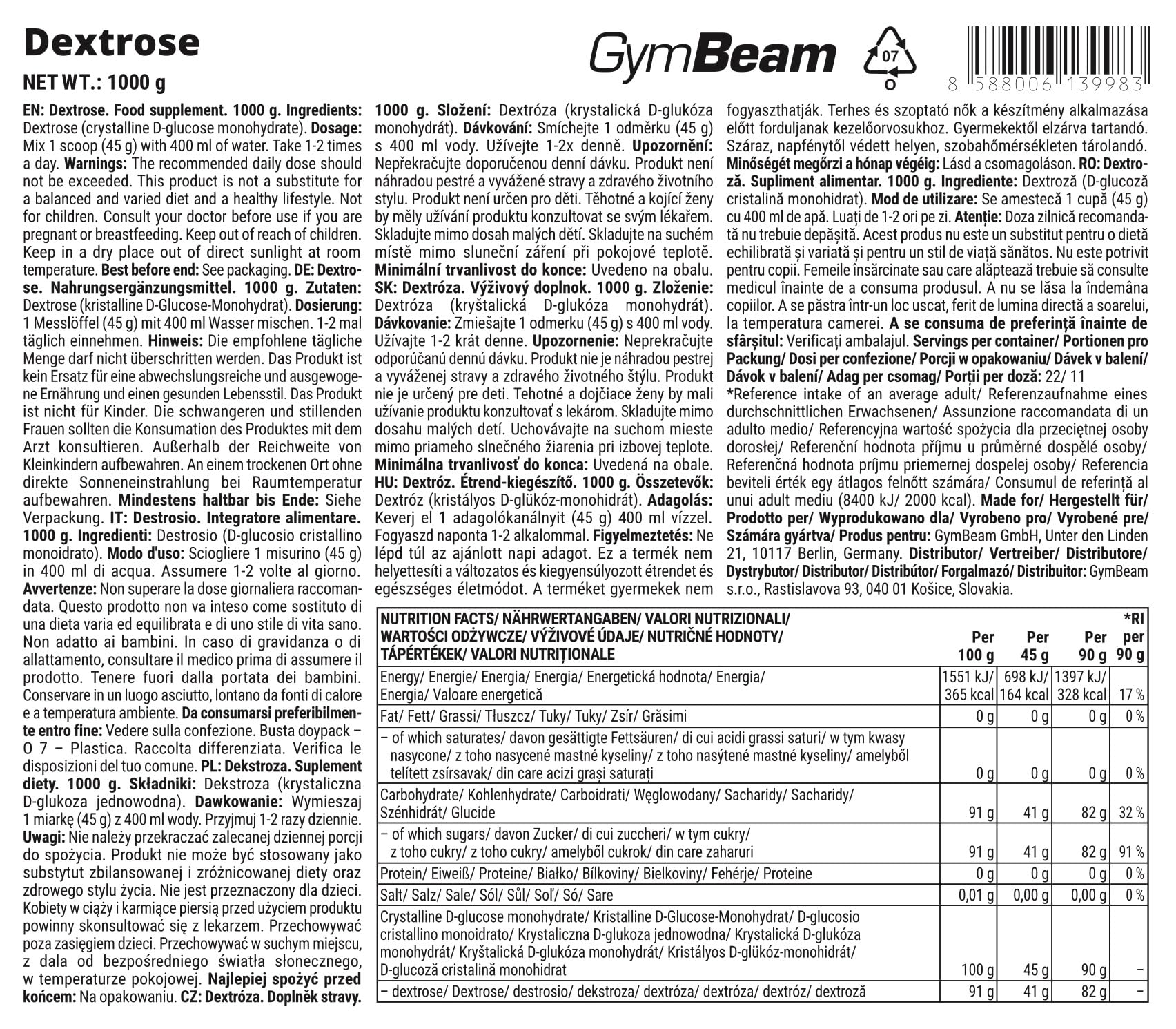 GymBeam Destrosio Polvere Glucosio Energia Immediata Vegano
