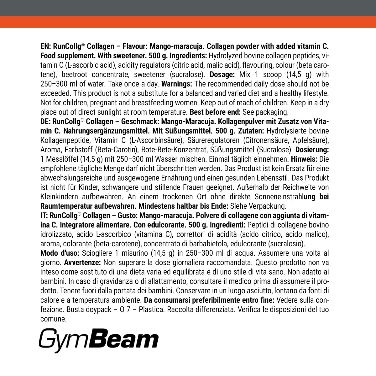 GymBeam Collagene Idrolizzato Polvere Mango-Maracuja Vit C