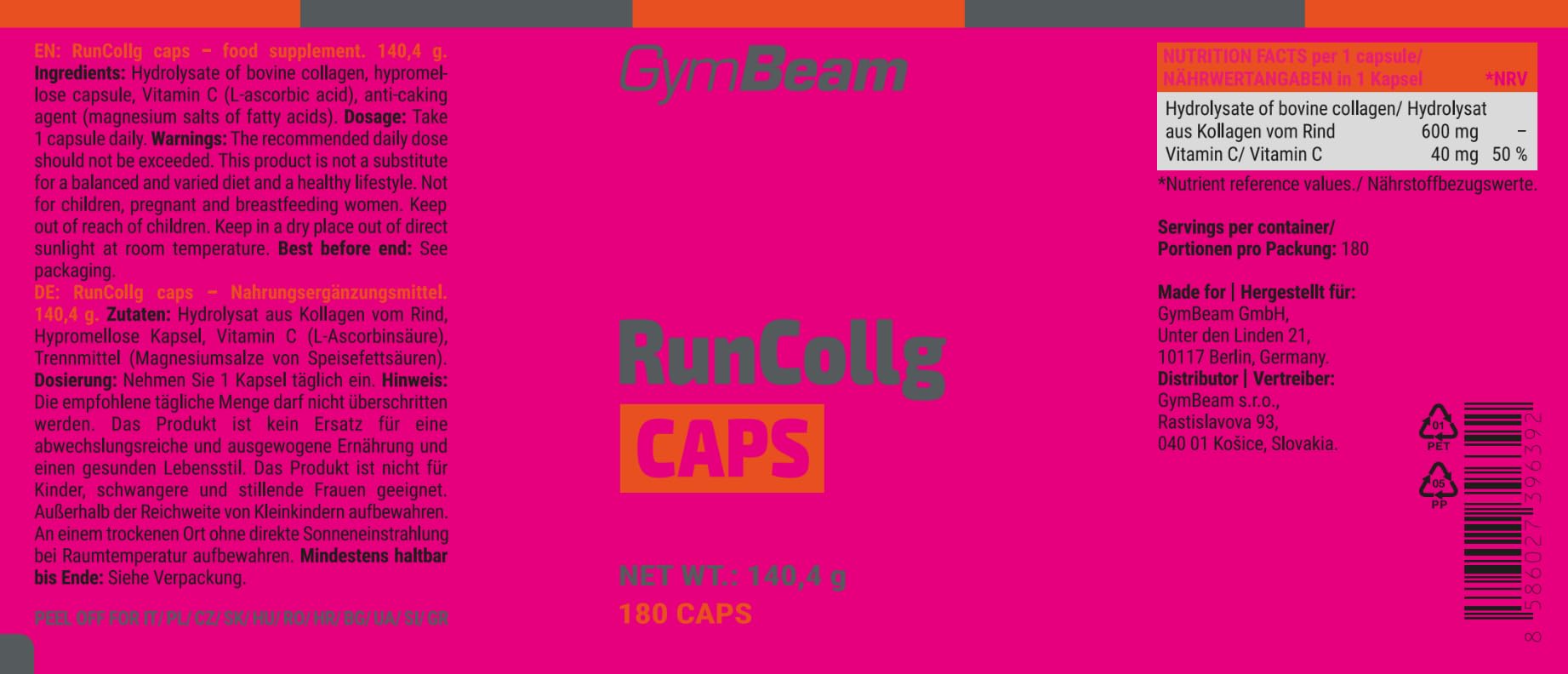 GymBeam RunCollg Collagene Capsule 180 cps Vitamina C
