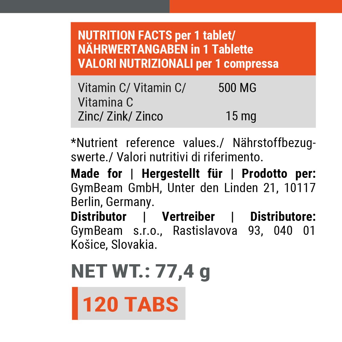 GymBeam Vitamina C + Zinco 120 Compresse Antiossidante