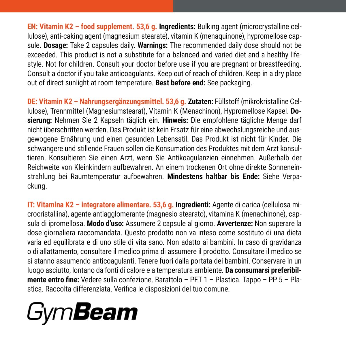 GymBeam Vitamine Vitamina K2 MK-7 capsule vegane ossa
