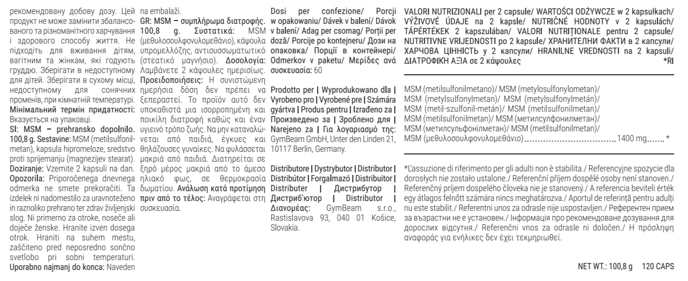 GymBeam Articolazioni MSM Integratore Capsule 120 pz Vegano