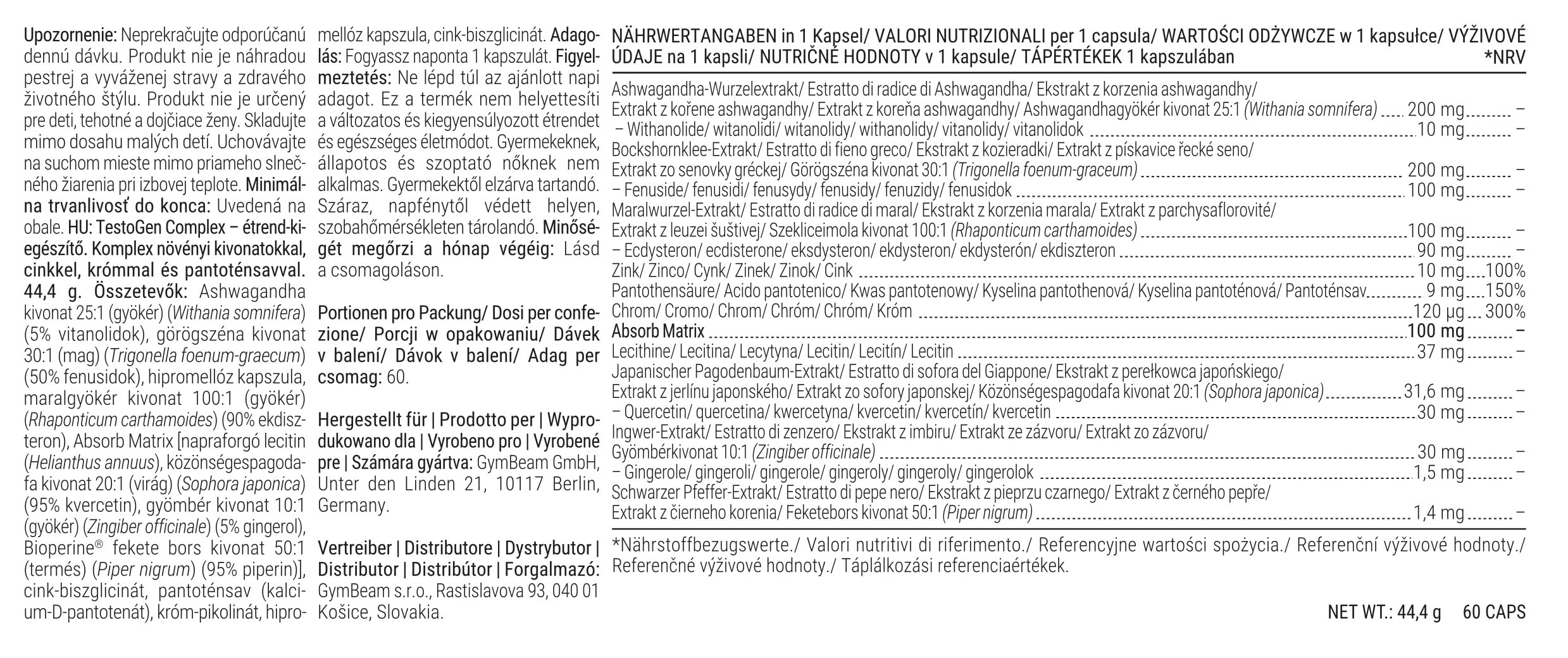GymBeam Testogen Complex Capsule Vegane Zinco Ashwagandha