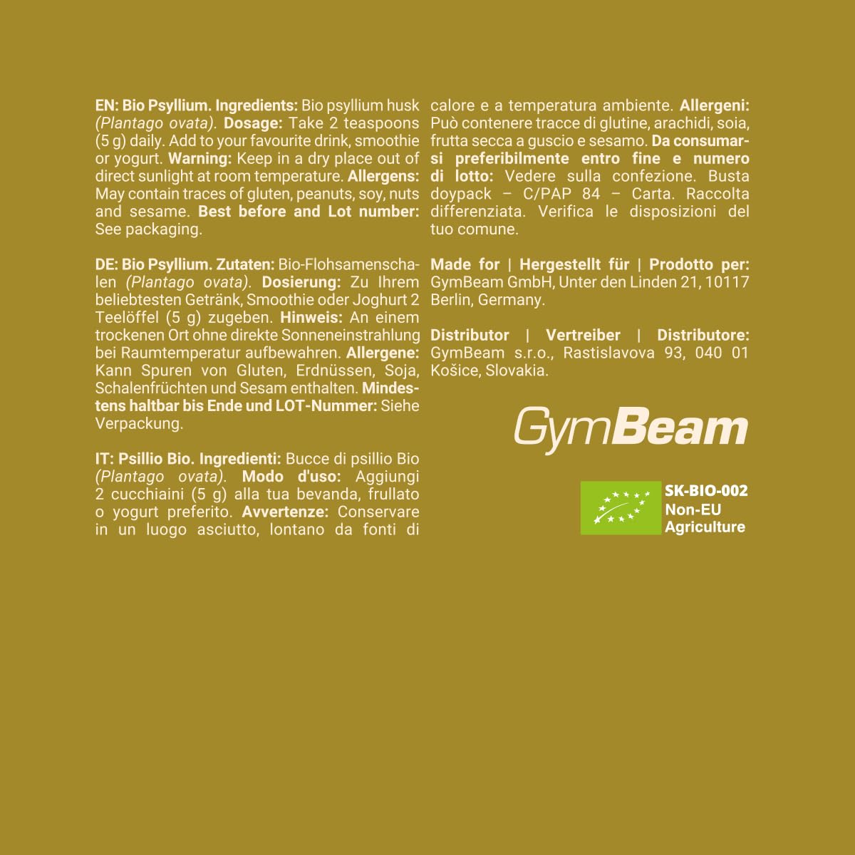 GymBeam Alimentazione Psillio Bio 300 g Fibra Vegana