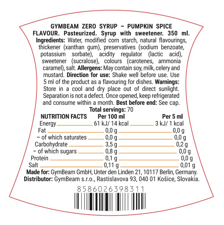 GymBeam Sciroppo Zero Pumpkin Spice Latte 350ml