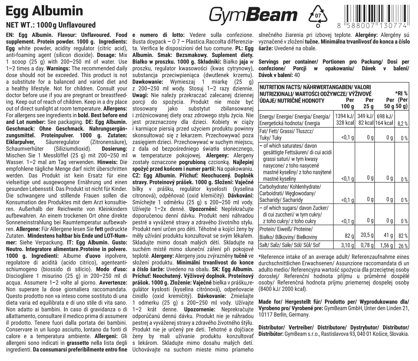 GymBeam Albumina Uovo Proteine Polvere Neutro Lento Rilascio