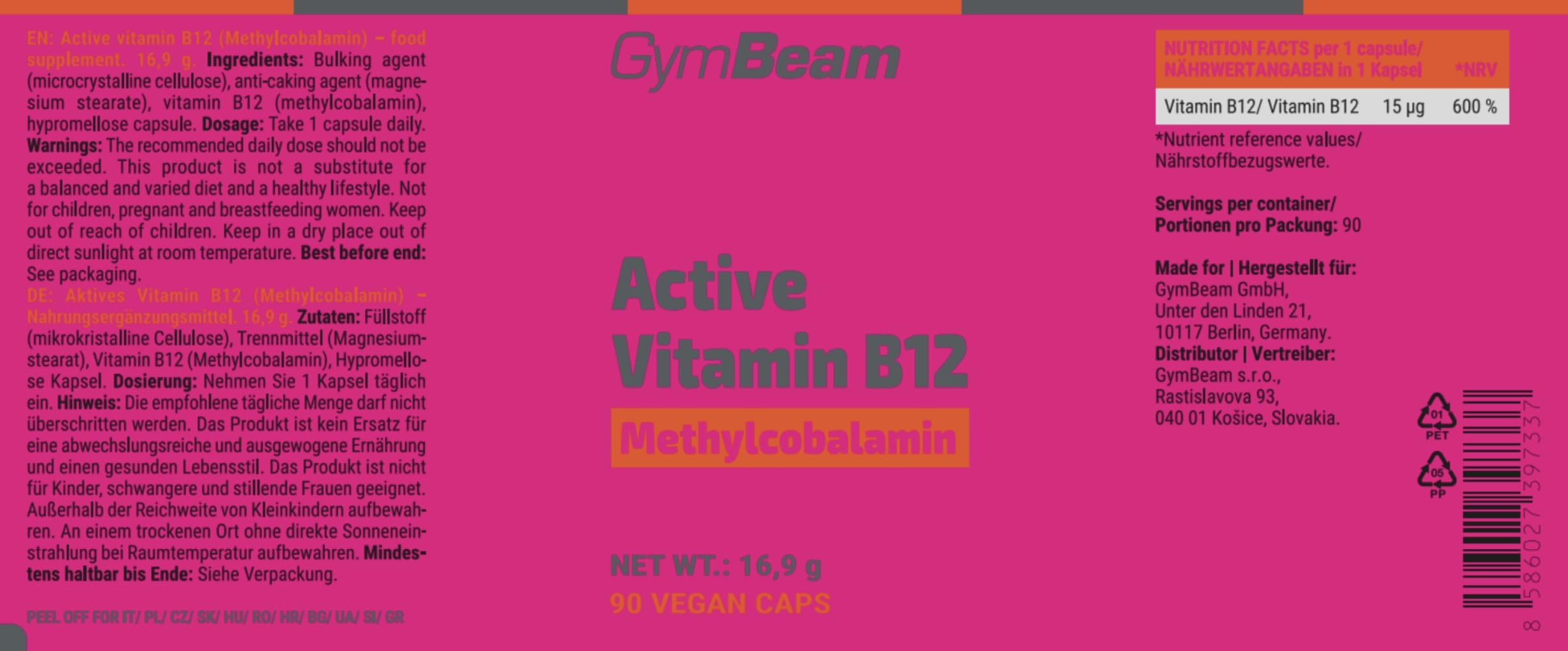 GymBeam Vitamina B12 Metilcobalamina 60 cps energia