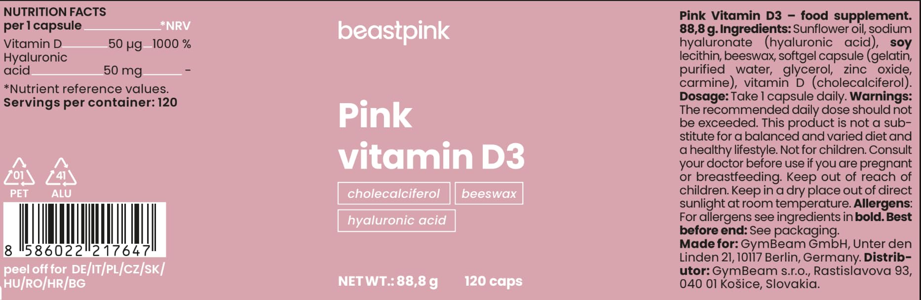 GymBeam Vitamine D3 Pink capsule 120pz 2000 UI ialuronico