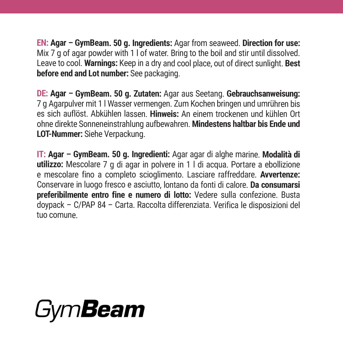 GymBeam Agar Addensante Vegetale 50 g Vegano Senza Zucchero
