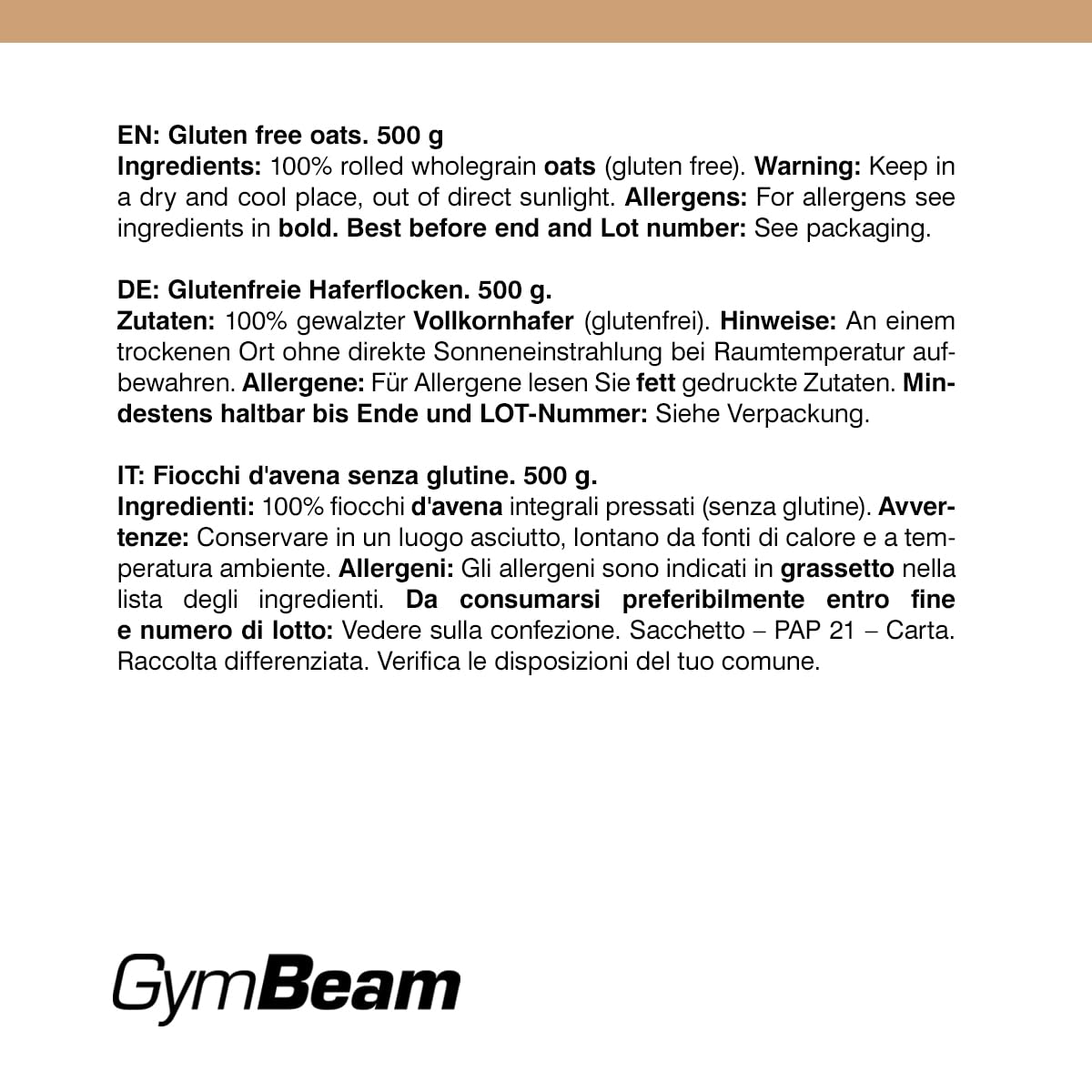 GymBeam Fiocchi di Avena Fini Senza Glutine 500g Fibre Proteine