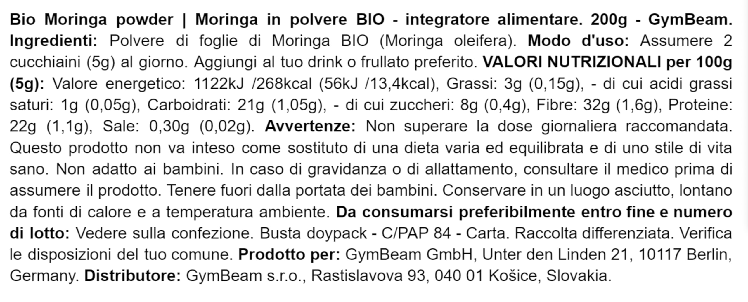 GymBeam Moringa BIO polvere integratore 200g fibre e proteine