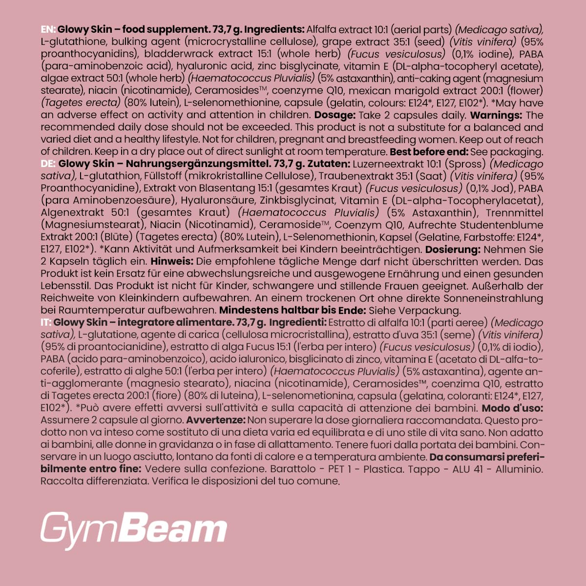 GymBeam Glowy Skin Integratore Pelle 90 Capsule Vitamina E