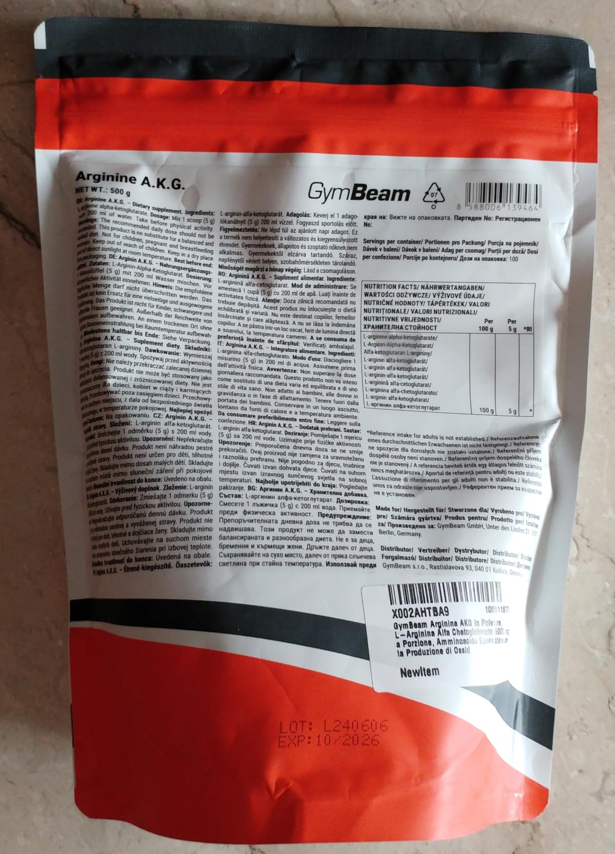 GymBeam Arginina AKG polvere 500 g neutra ossido nitrico