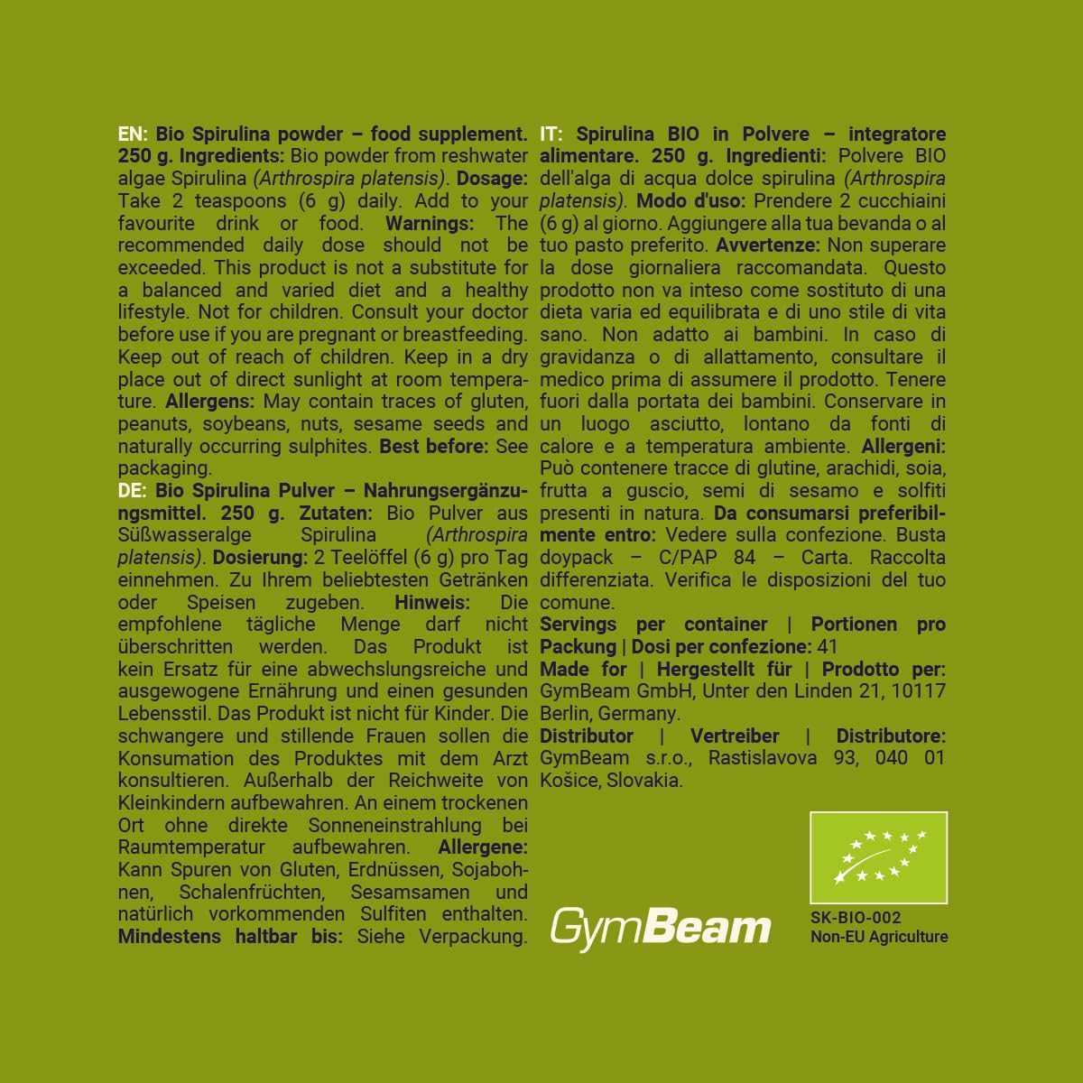 GymBeam Spirulina BIO 250 g Polvere Proteine Ferro