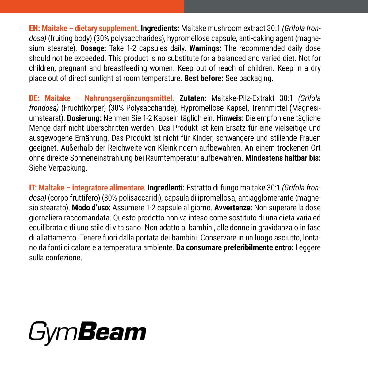 GymBeam Maitake Integratore 90 Capsule Vegano Polisaccaridi