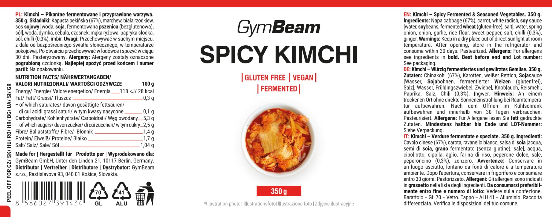 GymBeam Kimchi Piccante Insalata Fermentata 350 g Vegano