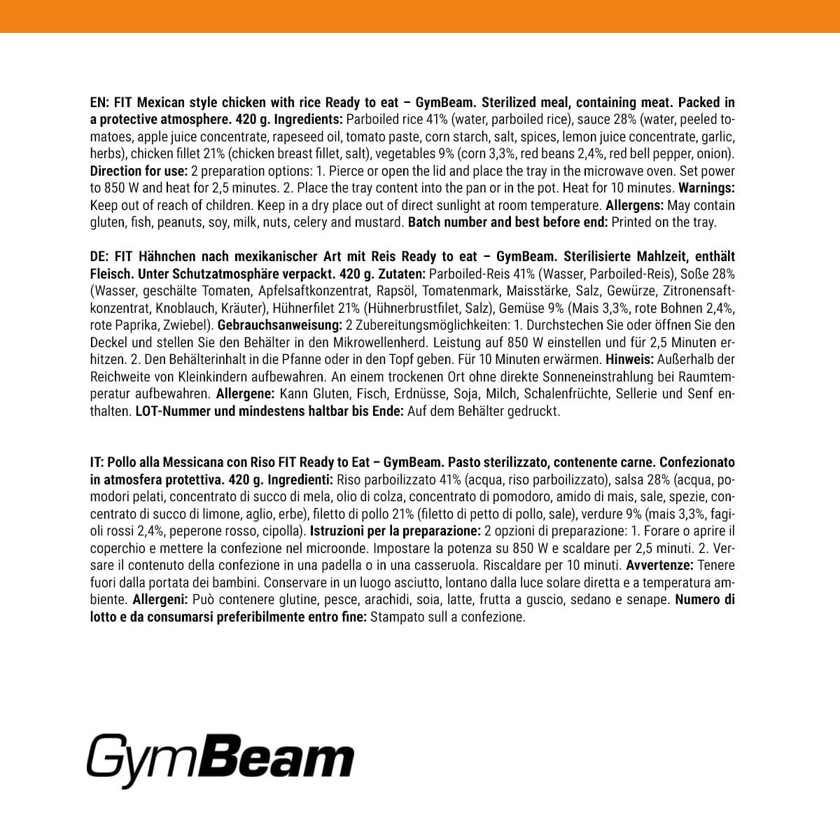 GymBeam Proteine Pollo Messicana Riso pasto pronto 6x420g 29,2g proteine