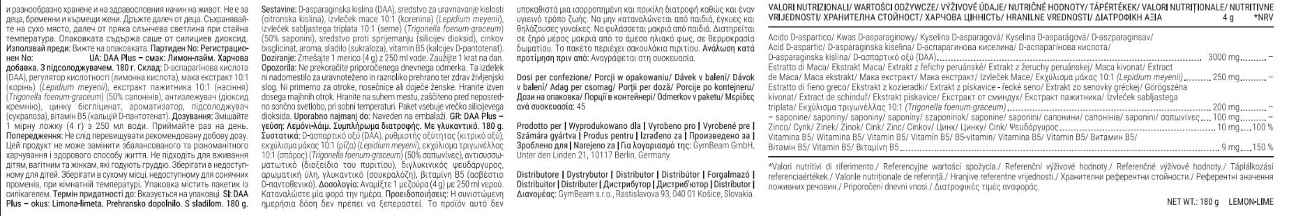 GymBeam DAA Plus 180 g polvere limone lime uomo