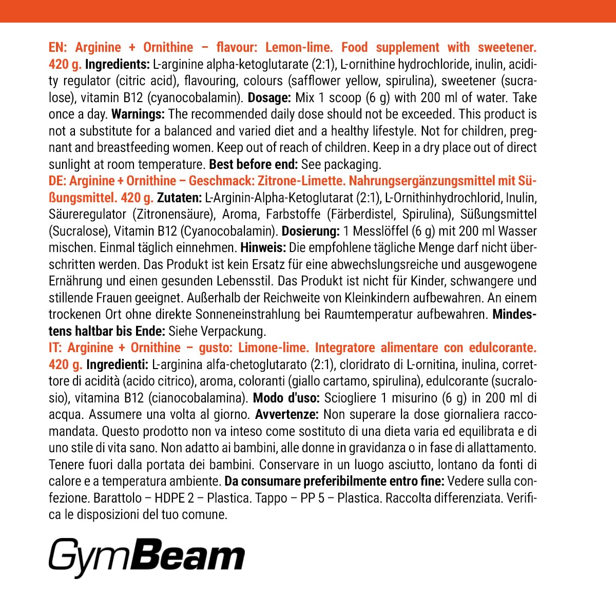 GymBeam L-Arginina Ornitina 420 g Polvere Lemon-Lime