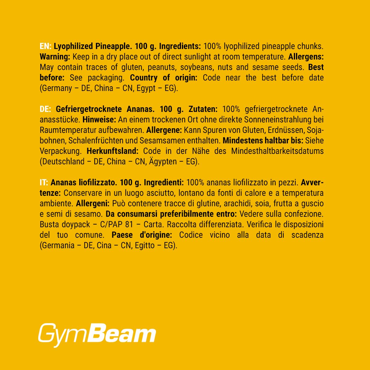 GymBeam Ananas Liofilizzato 100g Snack Senza Zuccheri