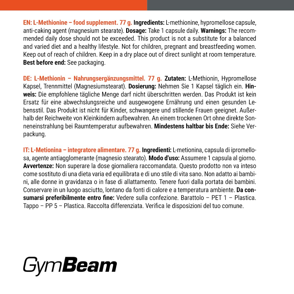 GymBeam L-Metionina 500mg 120 Capsule Aminoacido Creatina Pelle